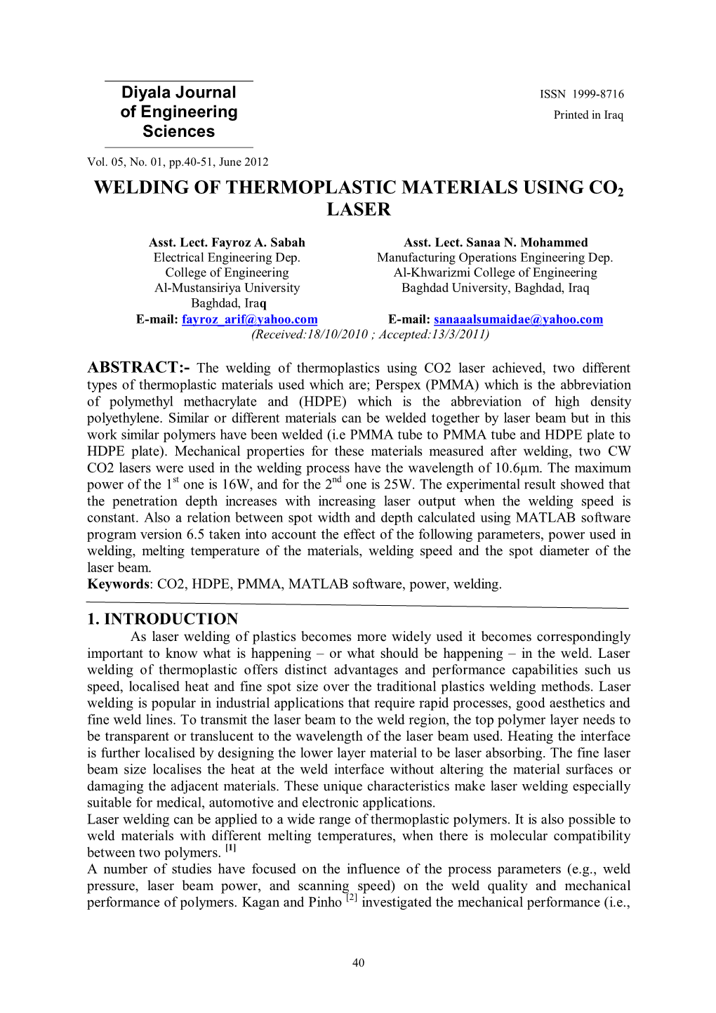 Welding of Thermoplastic Materials Using Co2 Laser