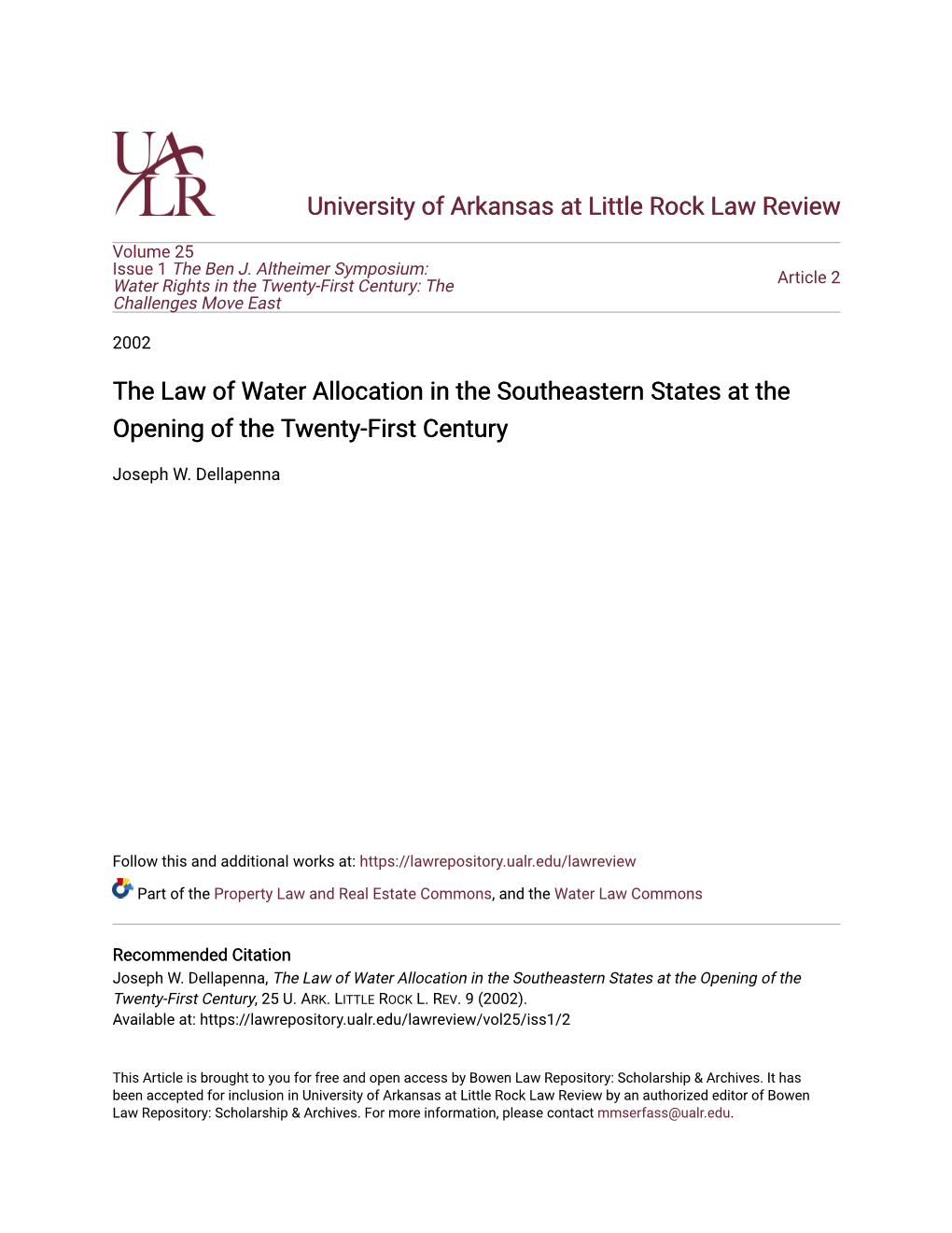 The Law of Water Allocation in the Southeastern States at the Opening of the Twenty-First Century