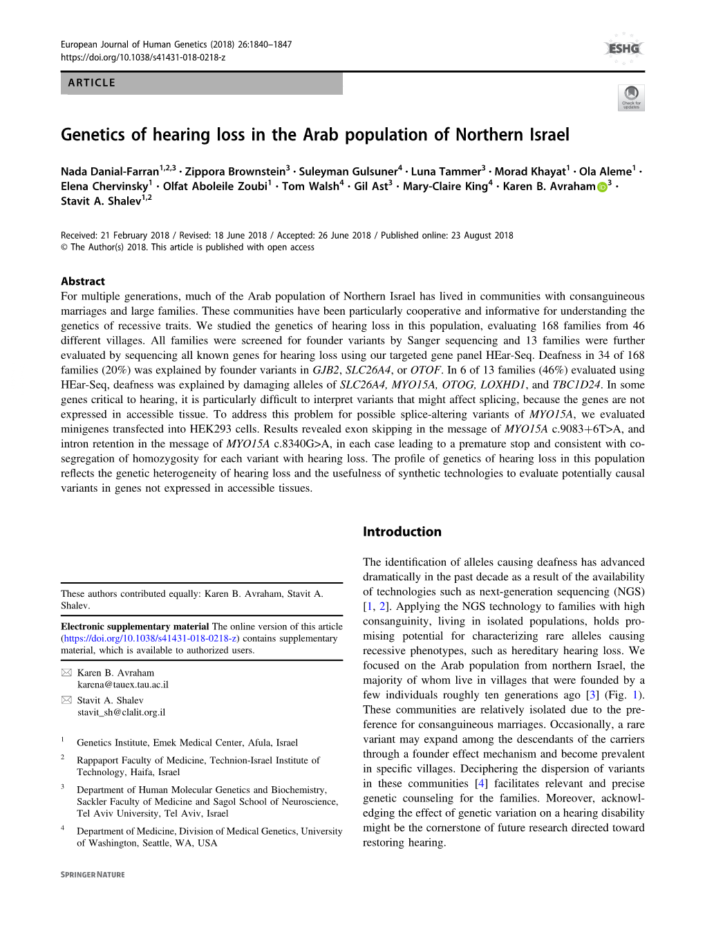 Genetics of Hearing Loss in the Arab Population of Northern Israel