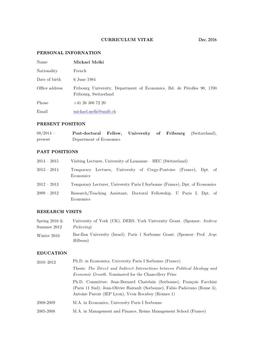 CURRICULUM VITAE Dec. 2016 PERSONAL INFORNATION Name