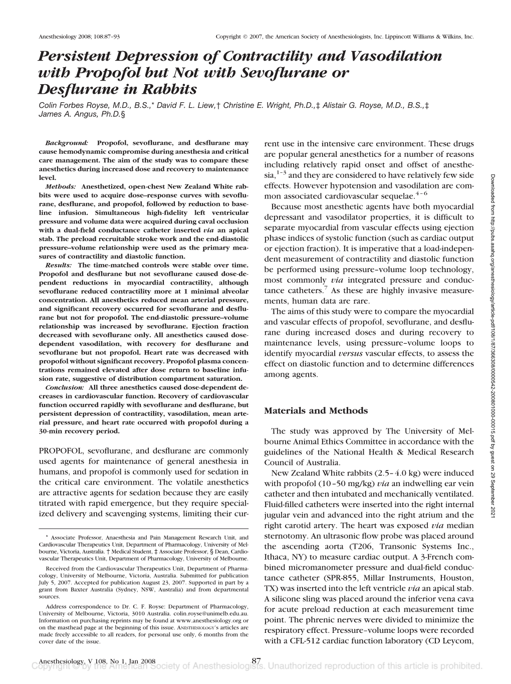 Persistent Depression of Contractility and Vasodilation with Propofol but Not with Sevoflurane Or Desflurane in Rabbits