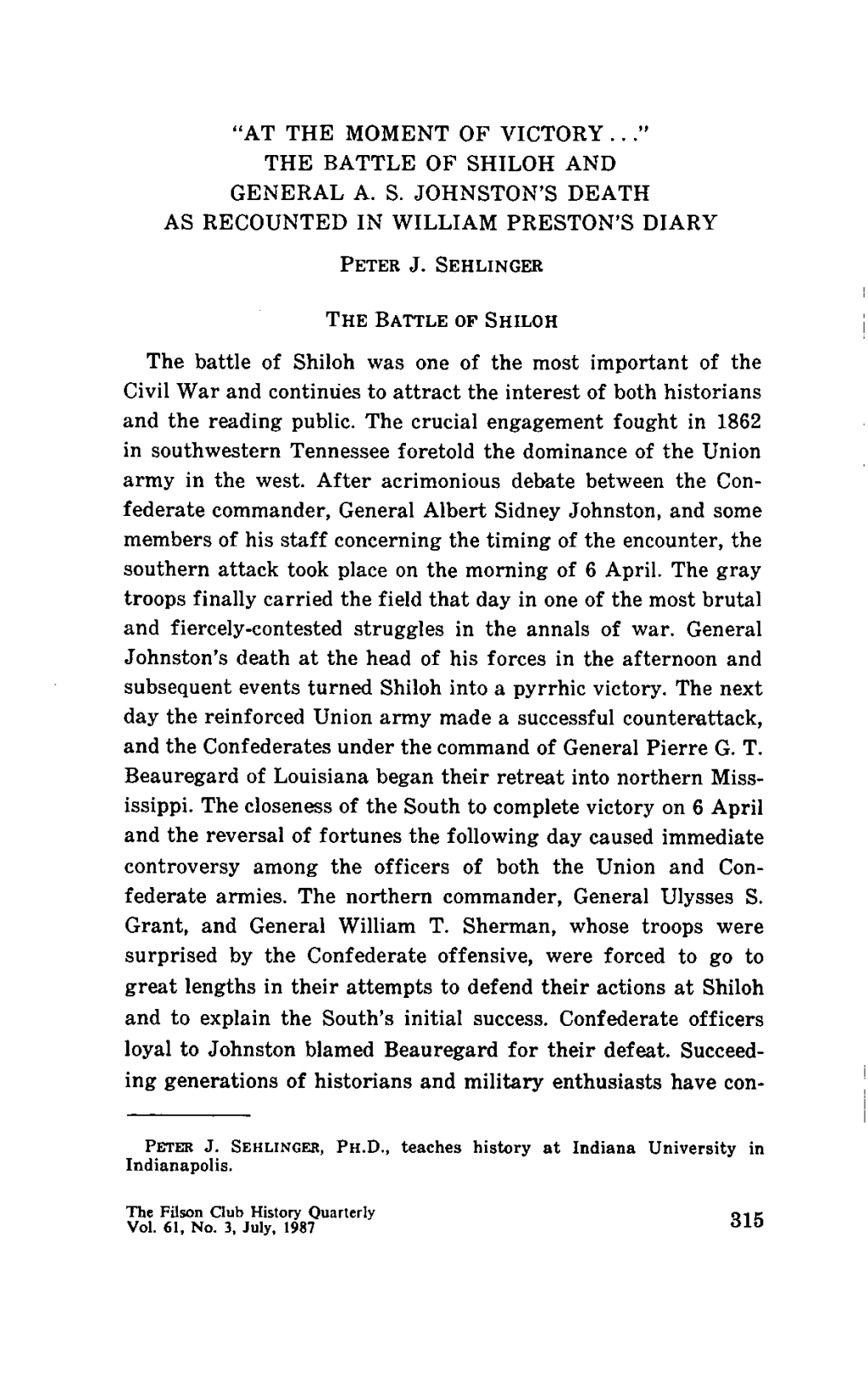 The Battle of Shiloh and General As Johnston's