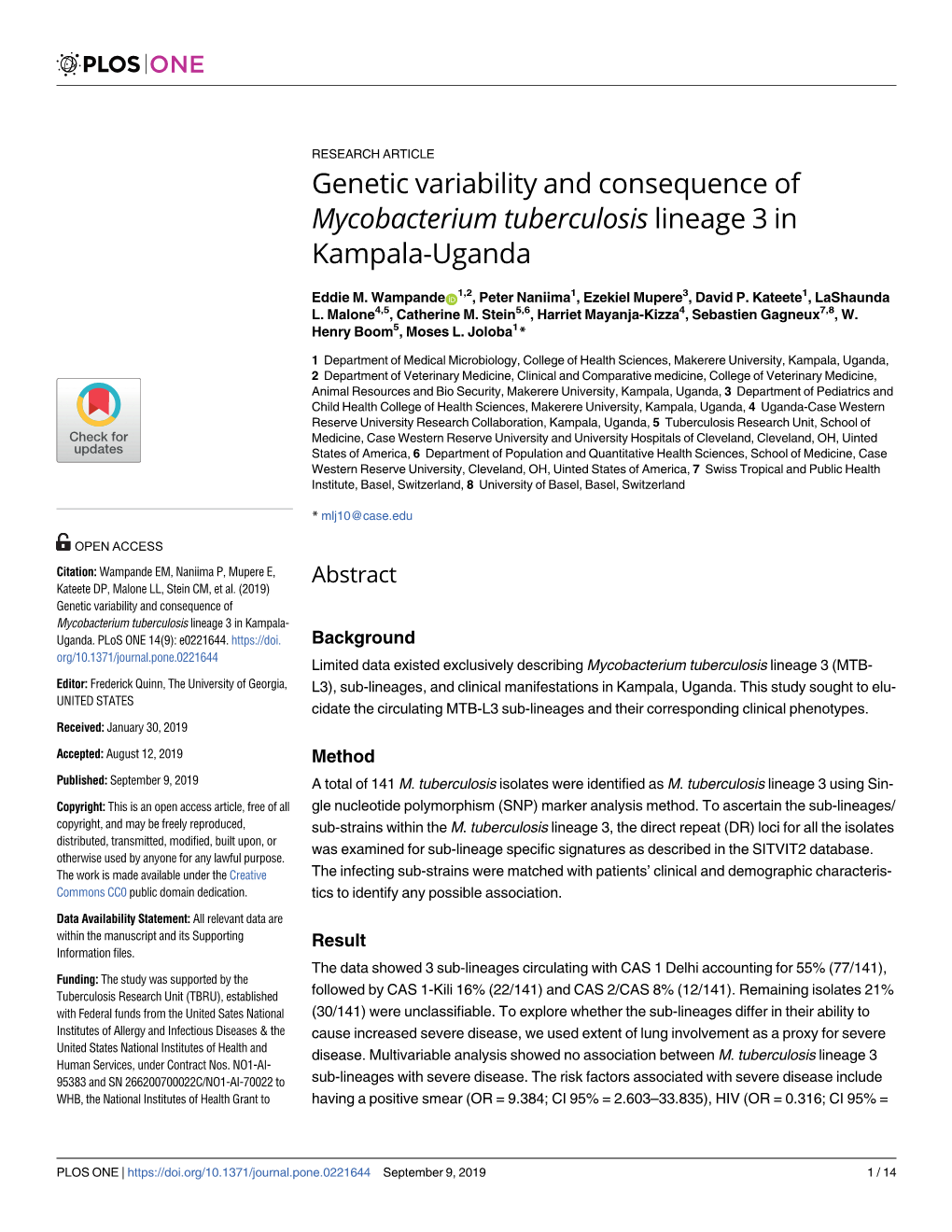 Genetic Variability and Consequence of Mycobacterium Tuberculosis Lineage 3 in Kampala-Uganda