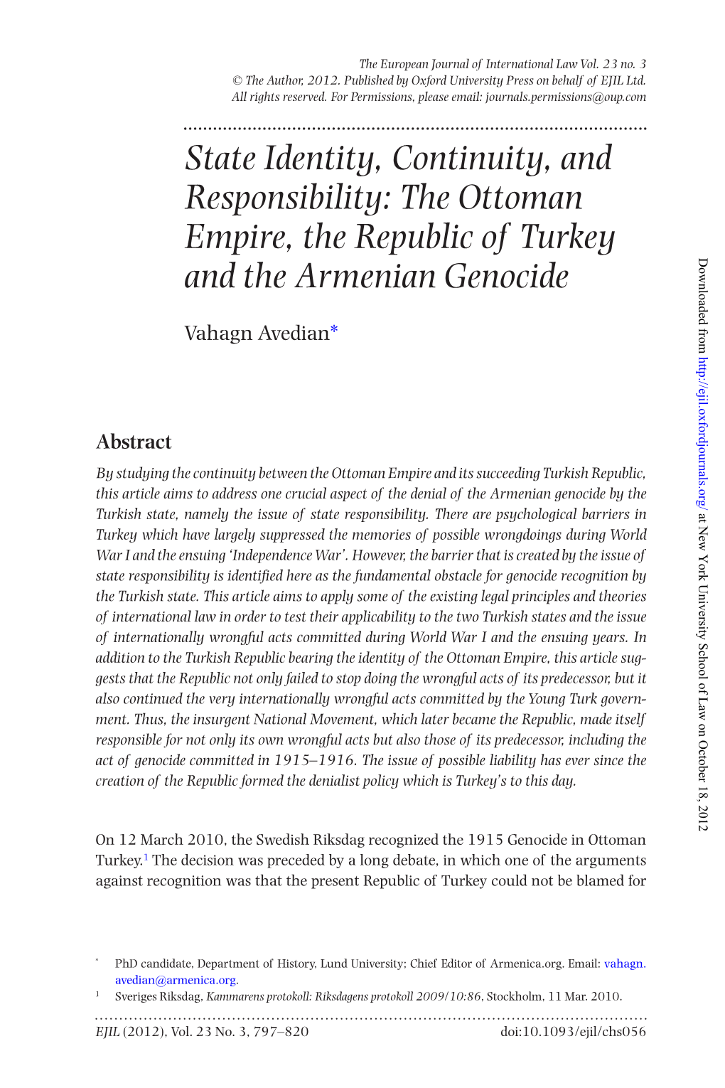 State Identity, Continuity, and Responsibility: the Ottoman Empire, the Republic of Turkey Downloaded from and the Armenian Genocide