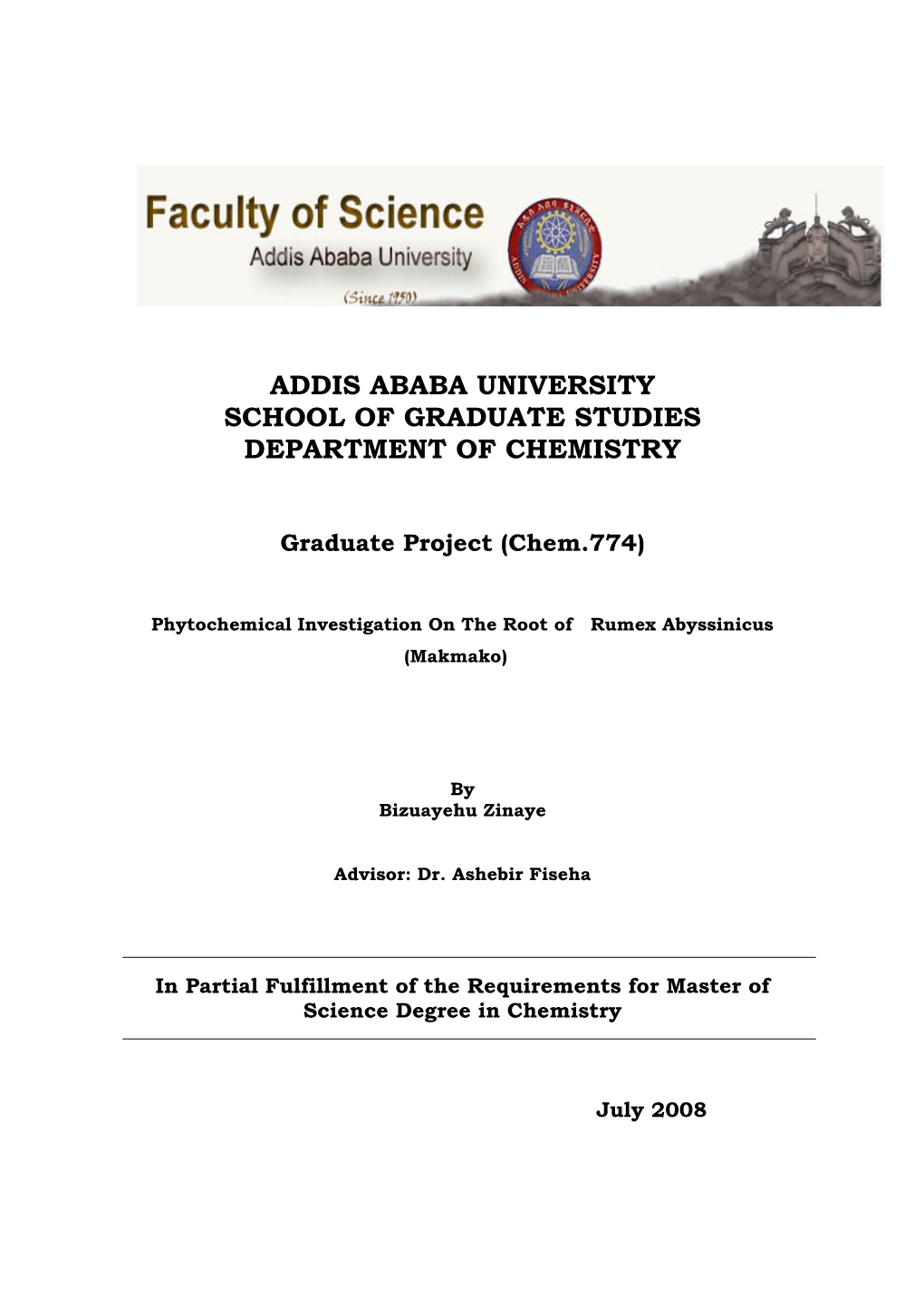 Addis Ababa University School of Graduate Studies Department of Chemistry