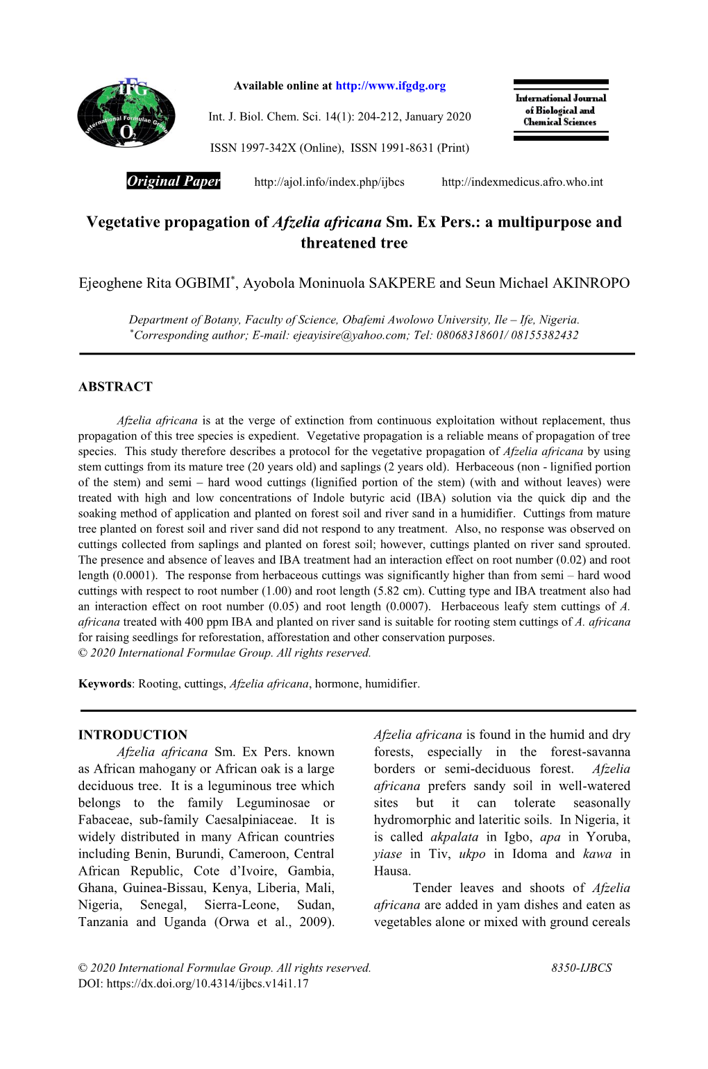 Vegetative Propagation of Afzelia Africana Sm