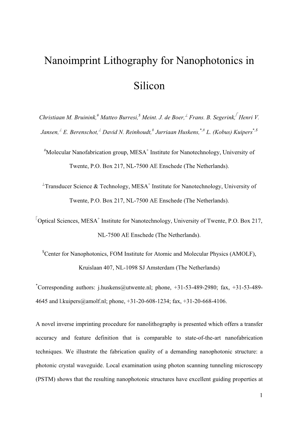 Nanoimprint Lithography for Nanophotonics in Silicon