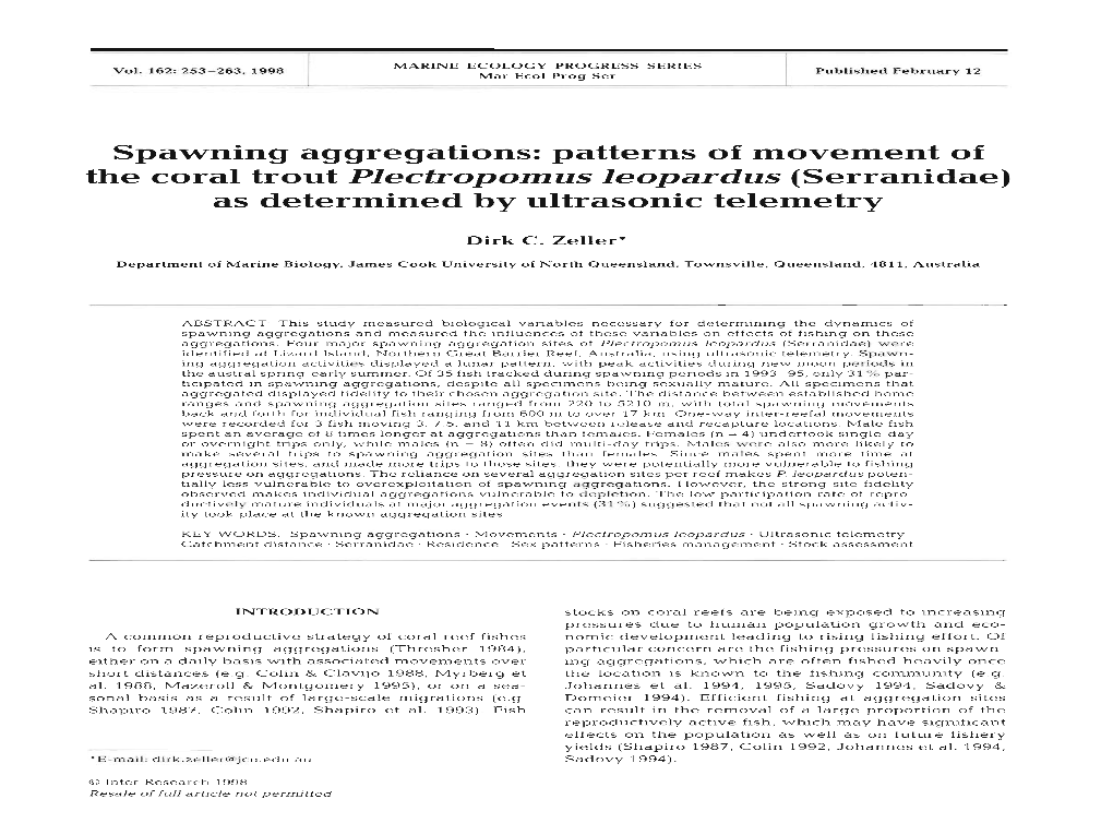 The Coral Trout Piectropomus Leopardus (Serranidae) As Determined by Ultrasonic Telemetry