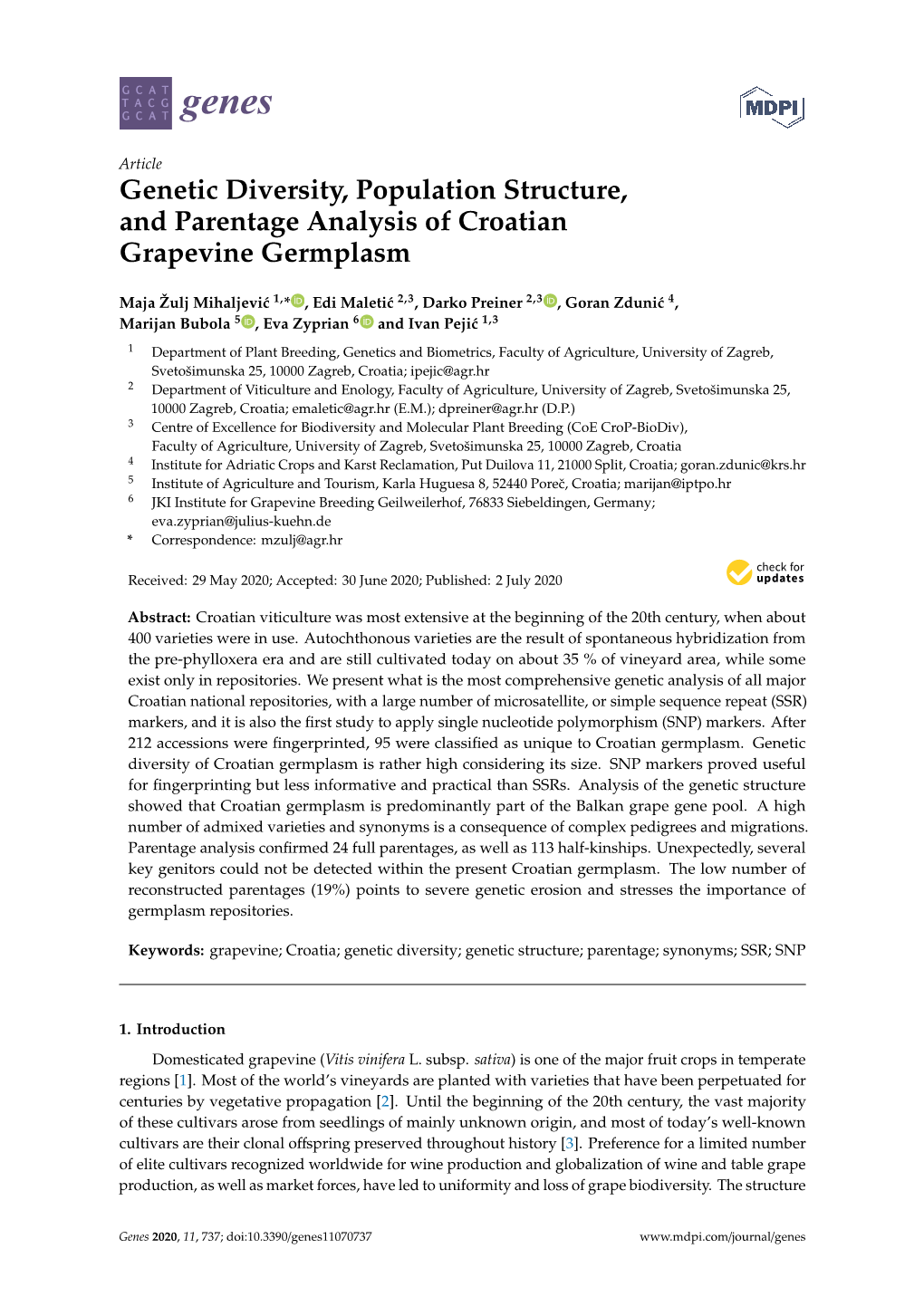 Genetic Diversity, Population Structure, and Parentage Analysis of Croatian Grapevine Germplasm