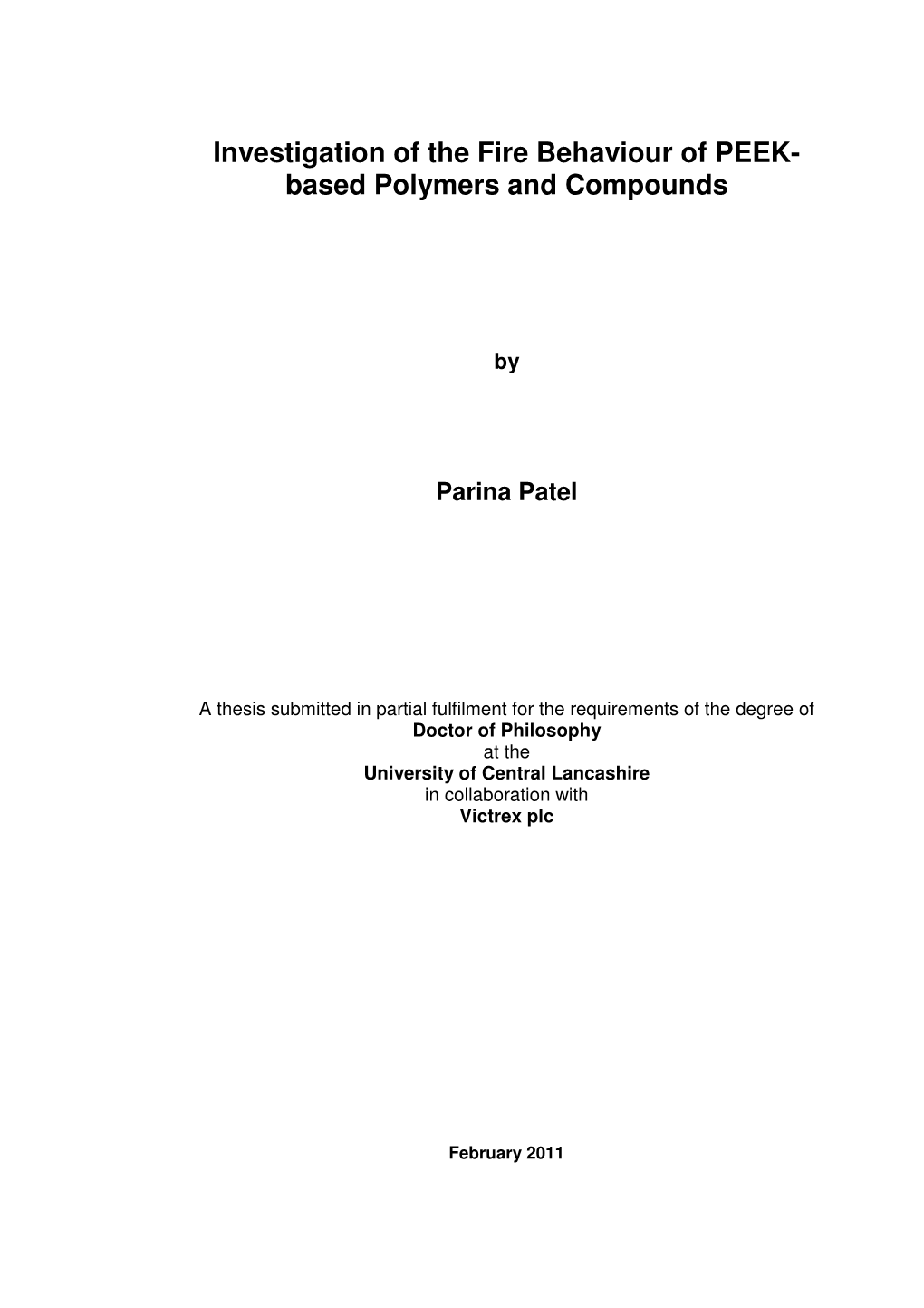 Investigation of the Fire Behaviour of PEEK- Based Polymers and Compounds