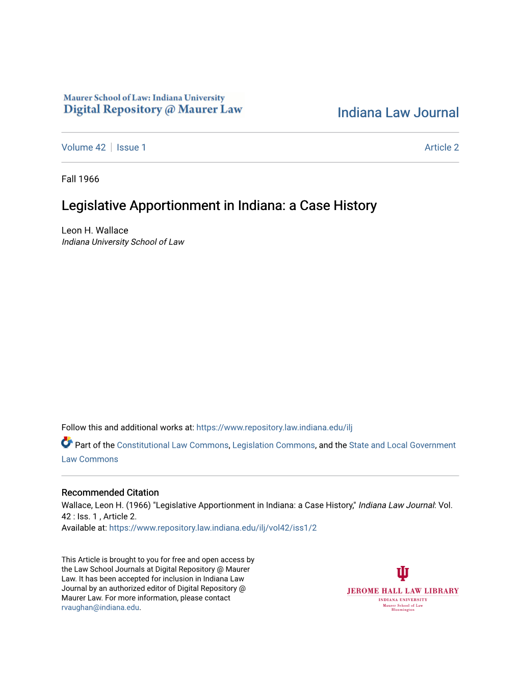 Legislative Apportionment in Indiana: a Case History