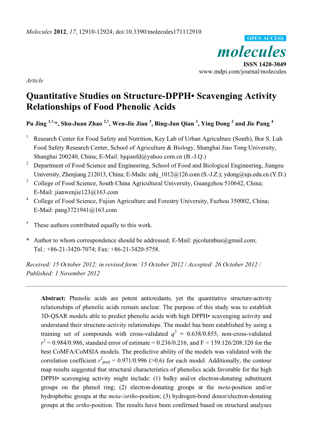 Quantitative Studies on Structure-DPPH• Scavenging Activity Relationships of Food Phenolic Acids