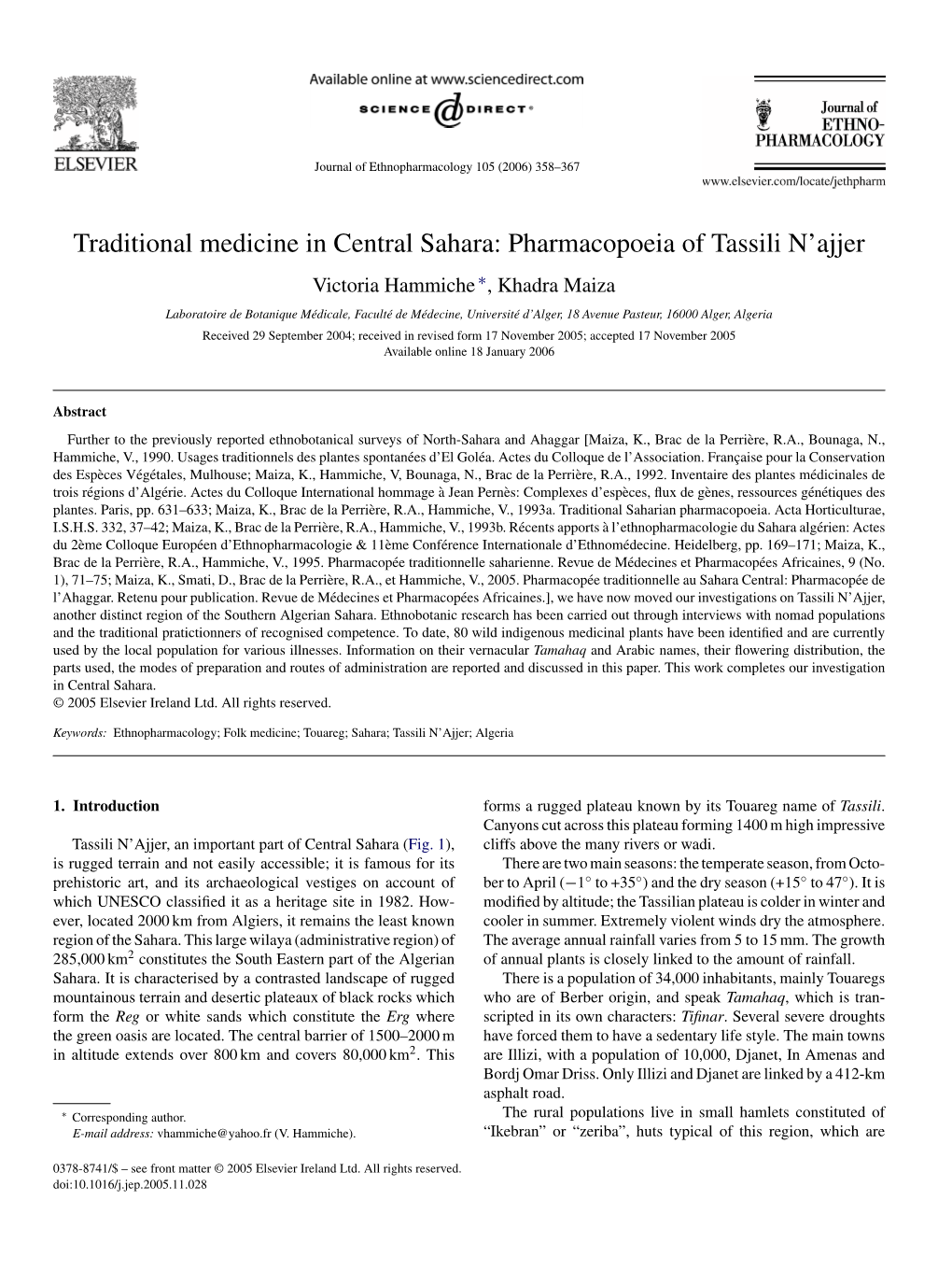 Traditional Medicine in Central Sahara: Pharmacopoeia of Tassili