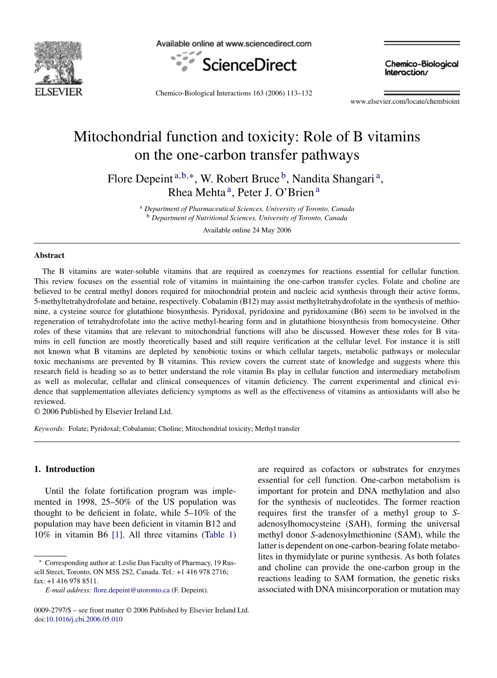 Role of B Vitamins on the One-Carbon Transfer Pathways Flore Depeint A,B,∗, W