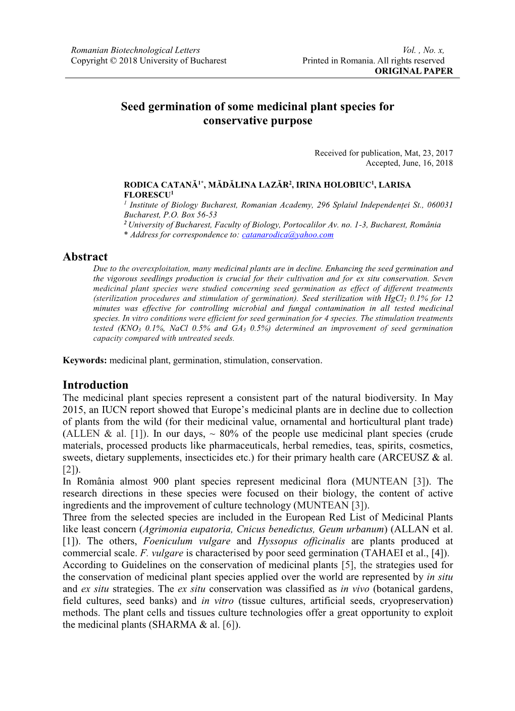 Seed Germination of Some Medicinal Plant Species for Conservative Purpose