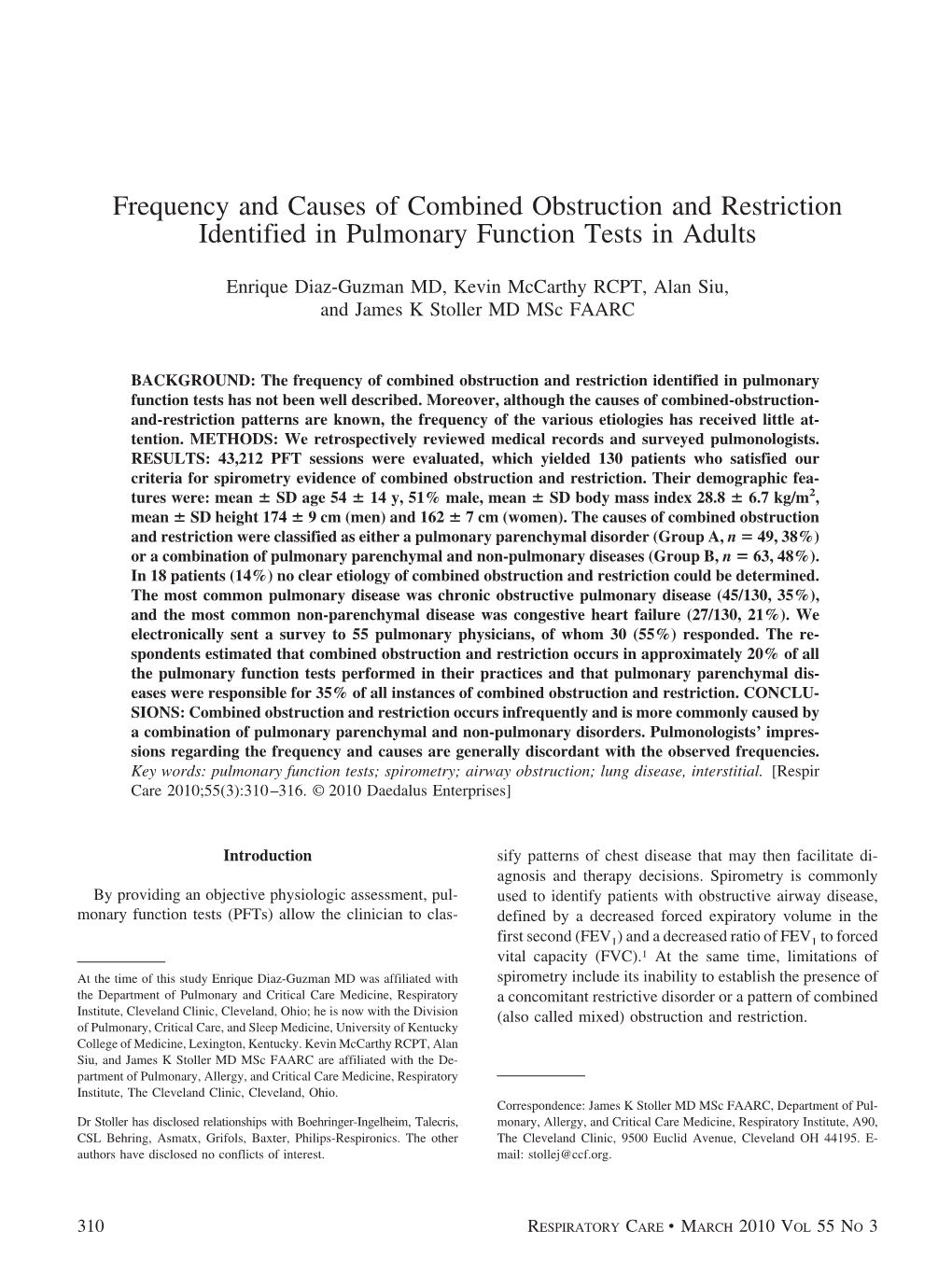 Frequency and Causes of Combined Obstruction and Restriction Identified in Pulmonary Function Tests in Adults