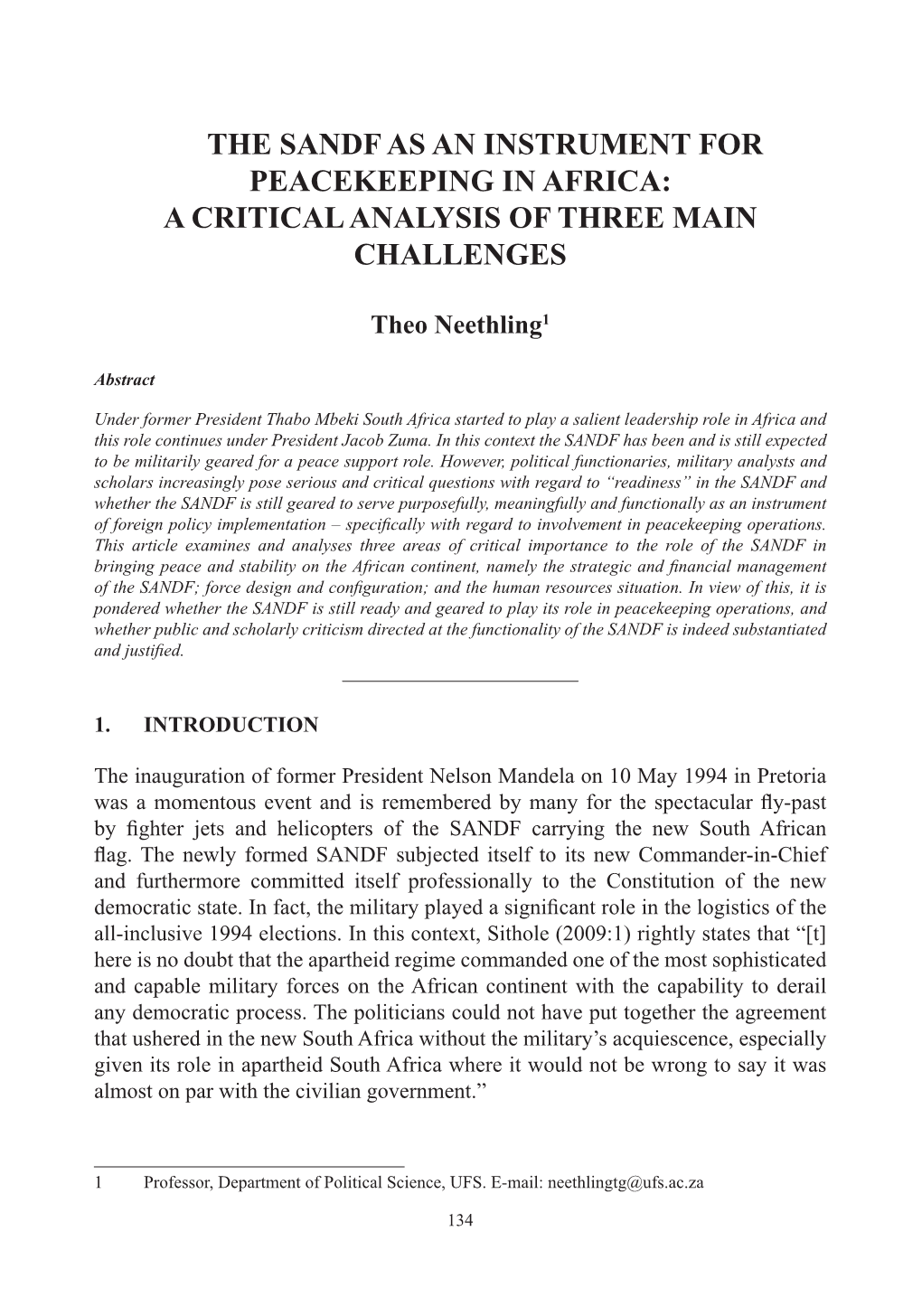 The Sandf As an Instrument for Peacekeeping in Africa: a Critical Analysis of Three Main Challenges