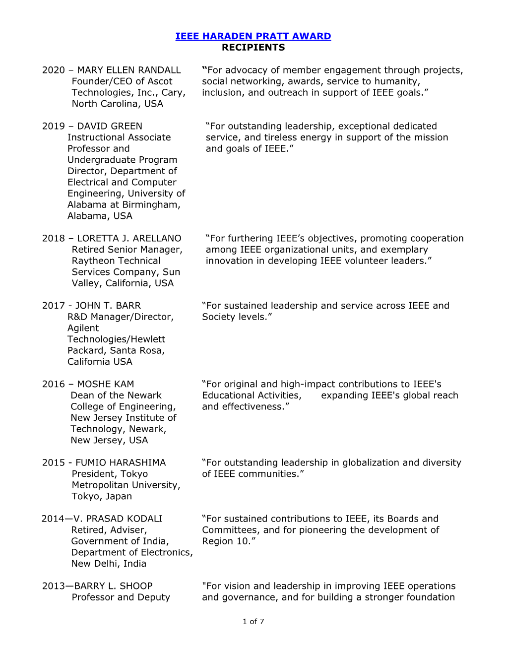 Ieee Haraden Pratt Award Recipients