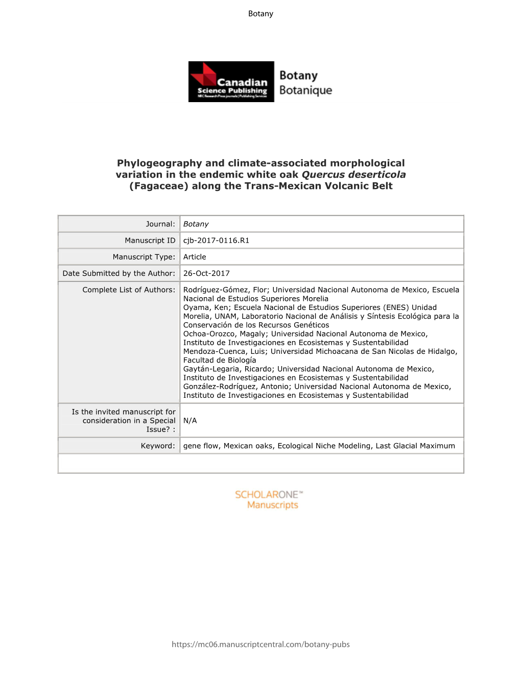 Phylogeography and Climate-Associated Morphological Variation in the Endemic White Oak Quercus Deserticola (Fagaceae) Along the Trans-Mexican Volcanic Belt