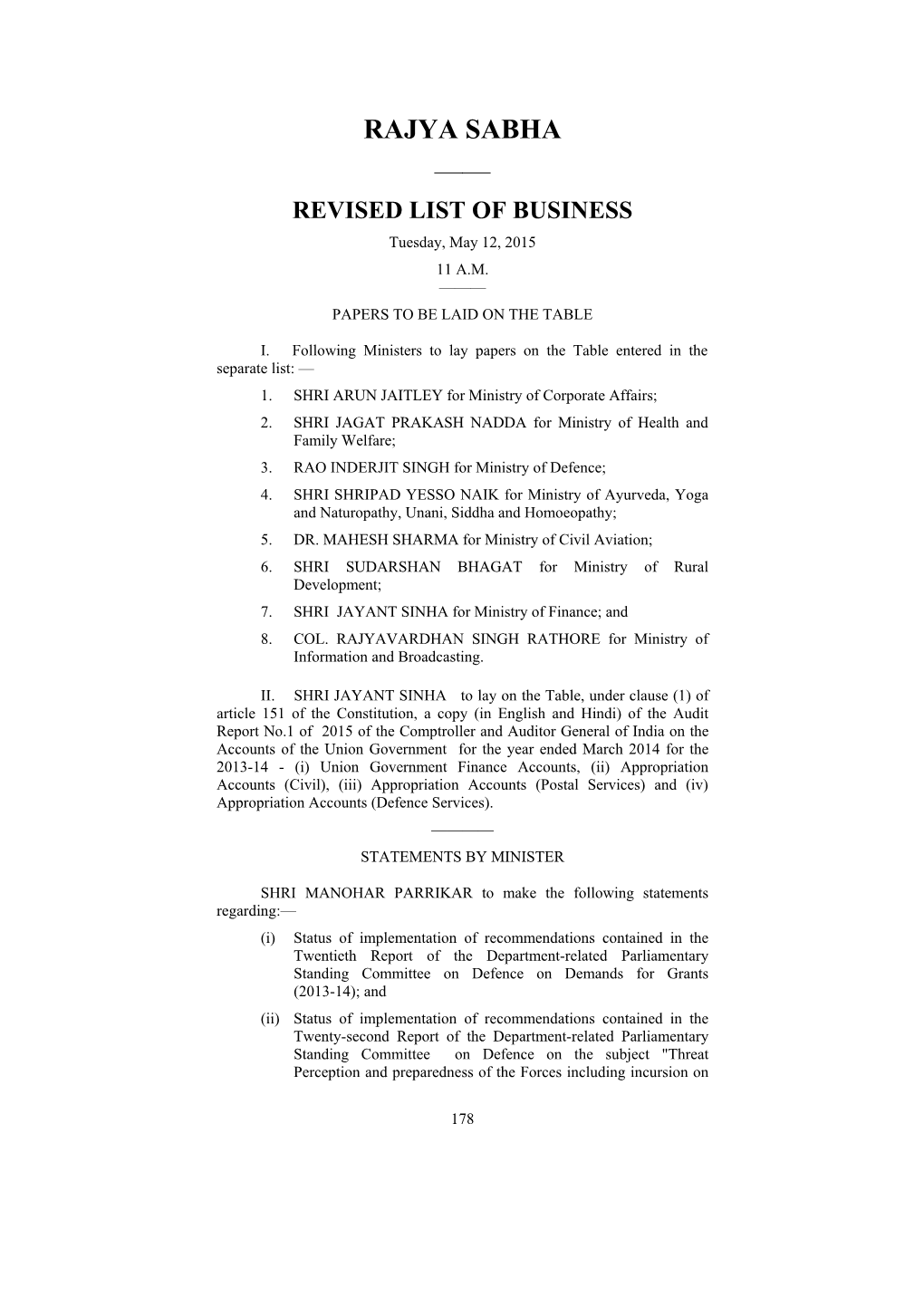 RAJYA SABHA —— REVISED LIST of BUSINESS Tuesday, May 12, 2015 11 A.M