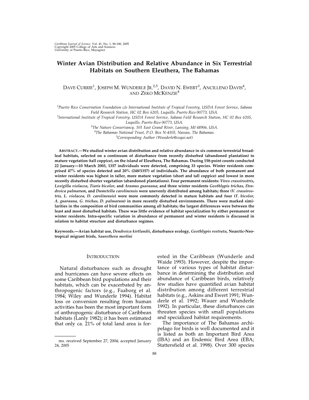 Winter Avian Distribution and Relative Abundance in Six Terrestrial Habitats on Southern Eleuthera, the Bahamas