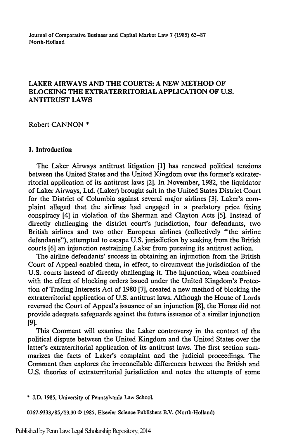 Laker Airways and the Courts: a New Method of Blocking the Extraterritorial Application of U.S