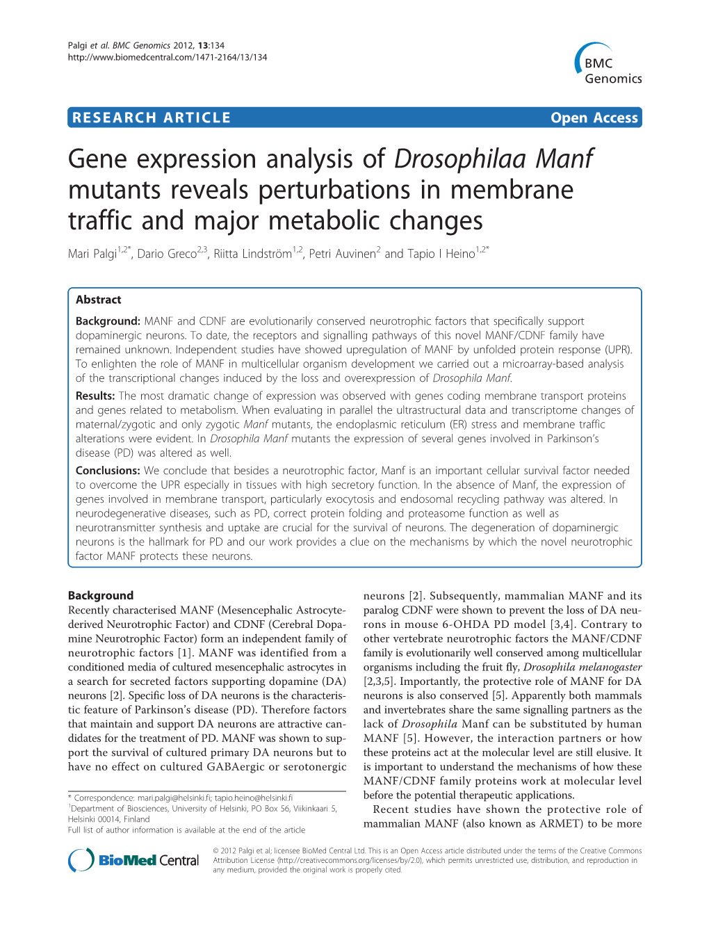 Gene Expression Analysis of Drosophilaa Manf Mutants Reveals