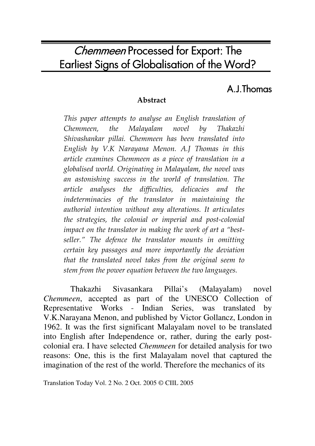 Chemmeen Processed for Export: the Earliest Signs of Globalisation of the Word?