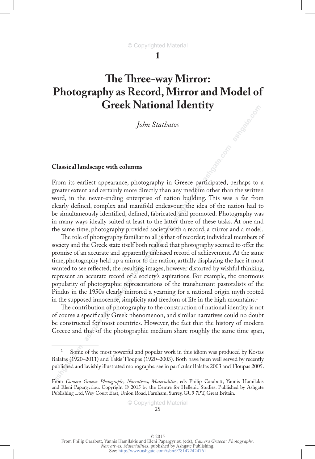 The Three-Way Mirror: Photography As Record, Mirror and Model of Greek National Identity