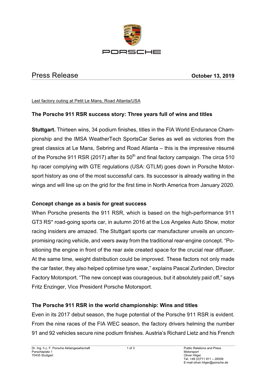 Press Release October 13, 2019