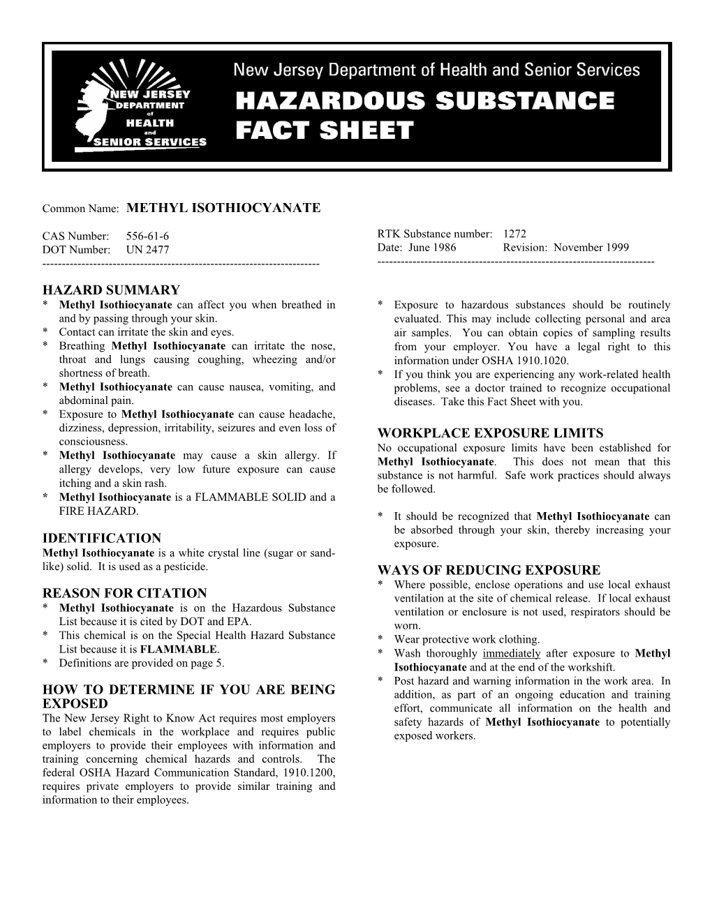 Methyl Isothiocyanate Hazard Summary