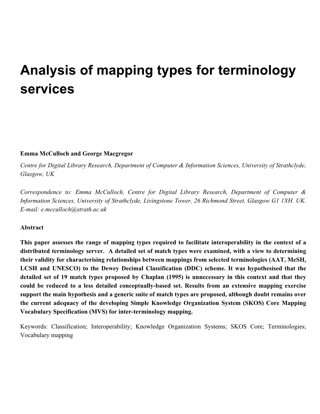 Analysis of Mapping Types for Terminology Services