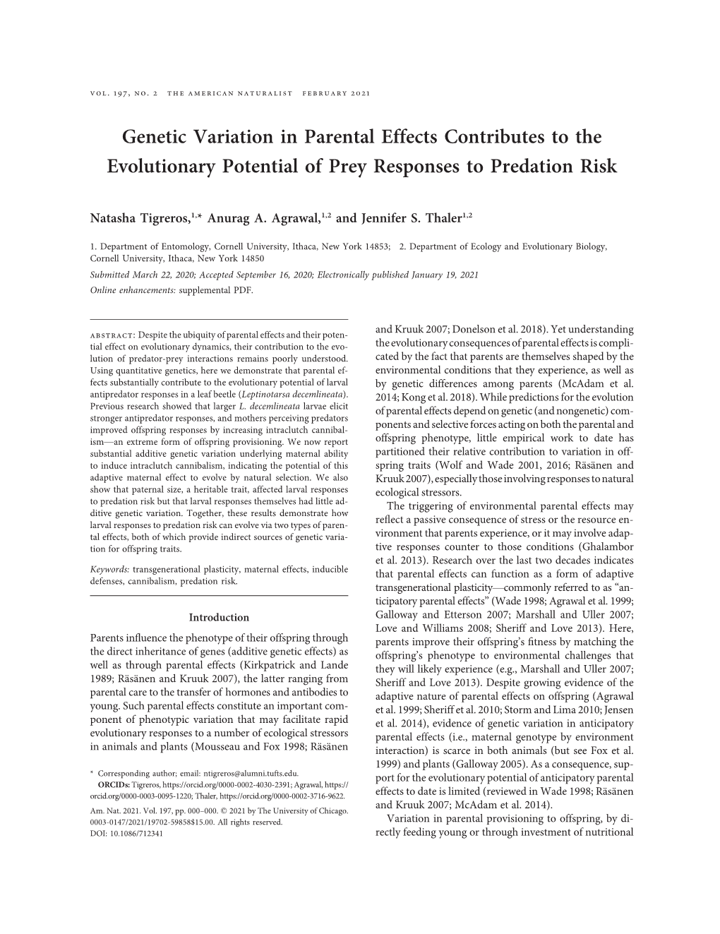 Genetic Variation in Parental Effects Contributes to the Evolutionary Potential of Prey Responses to Predation Risk