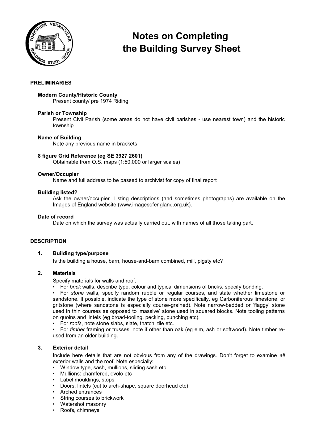 The Building Survey Sheet