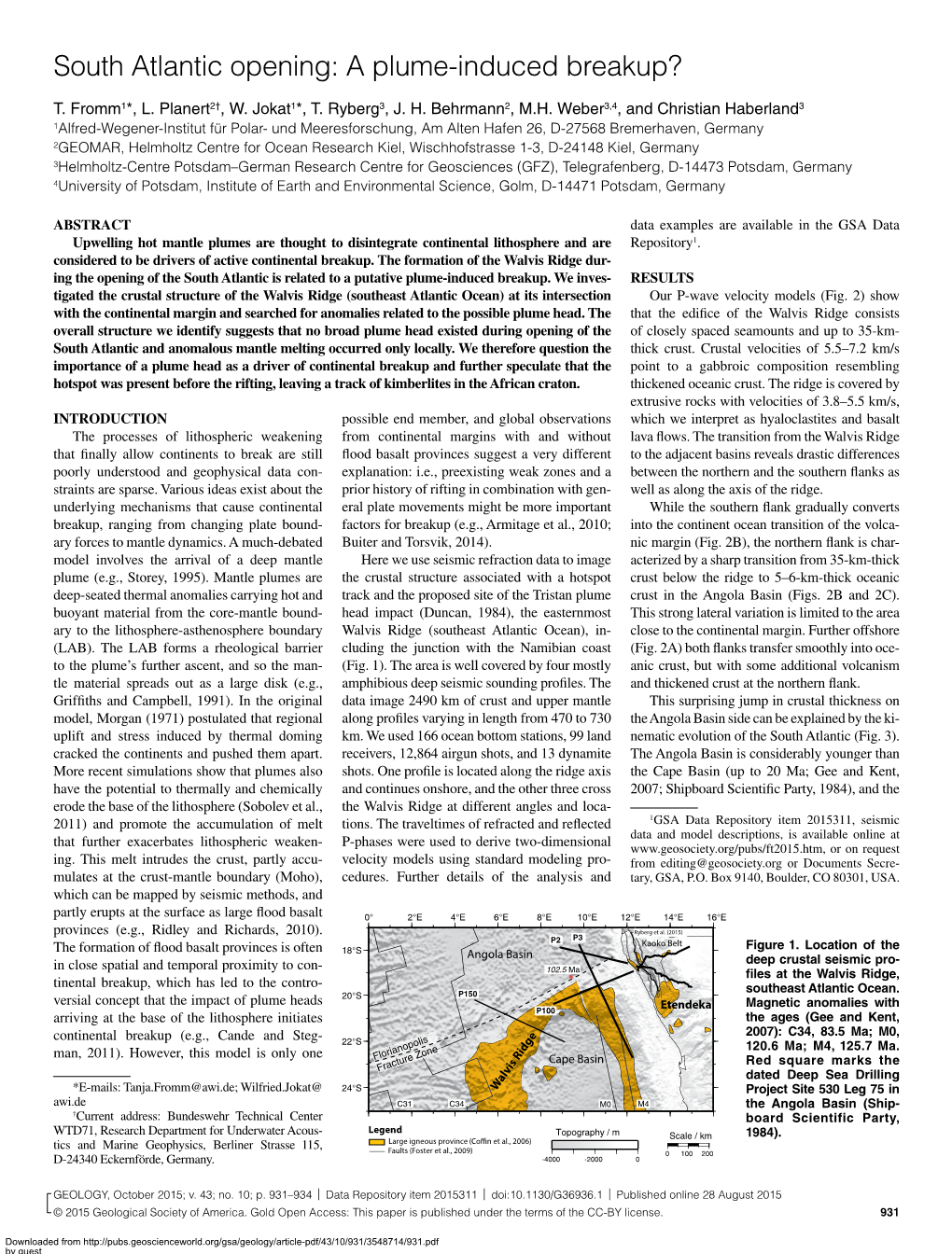 South Atlantic Opening: a Plume-Induced Breakup?