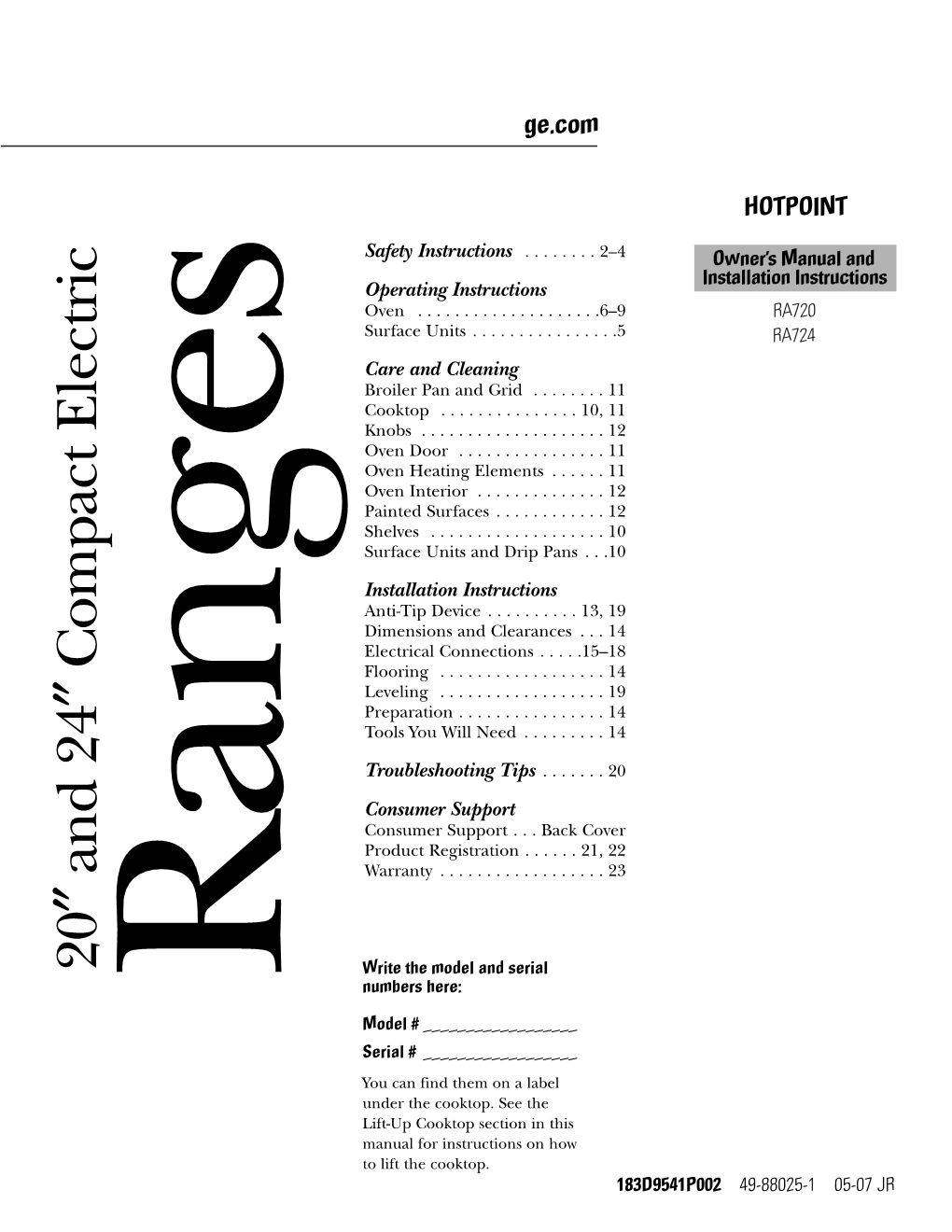 Hotpoint Ra724kwh Use and Care Manual