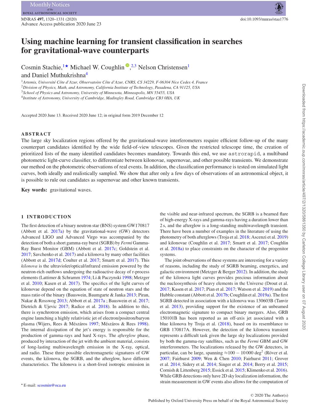 Using Machine Learning for Transient Classification in Searches For