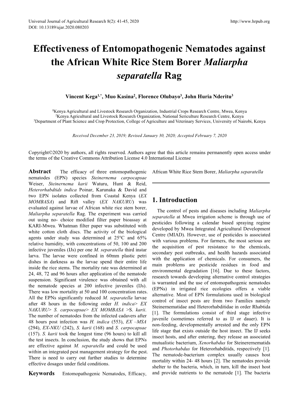 Effectiveness of Entomopathogenic Nematodes Against the African White Rice Stem Borer Maliarpha Separatella Rag