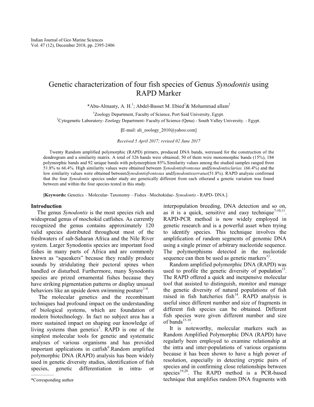 Genetic Characterization of Four Fish Species of Genus Synodontis Using RAPD Marker