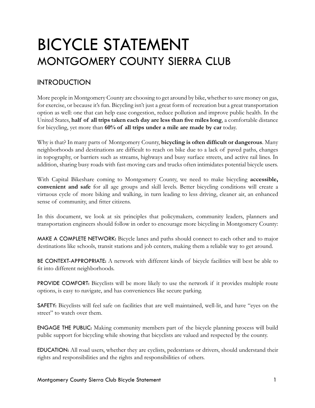 Bicycle Statement Montgomery County Sierra Club