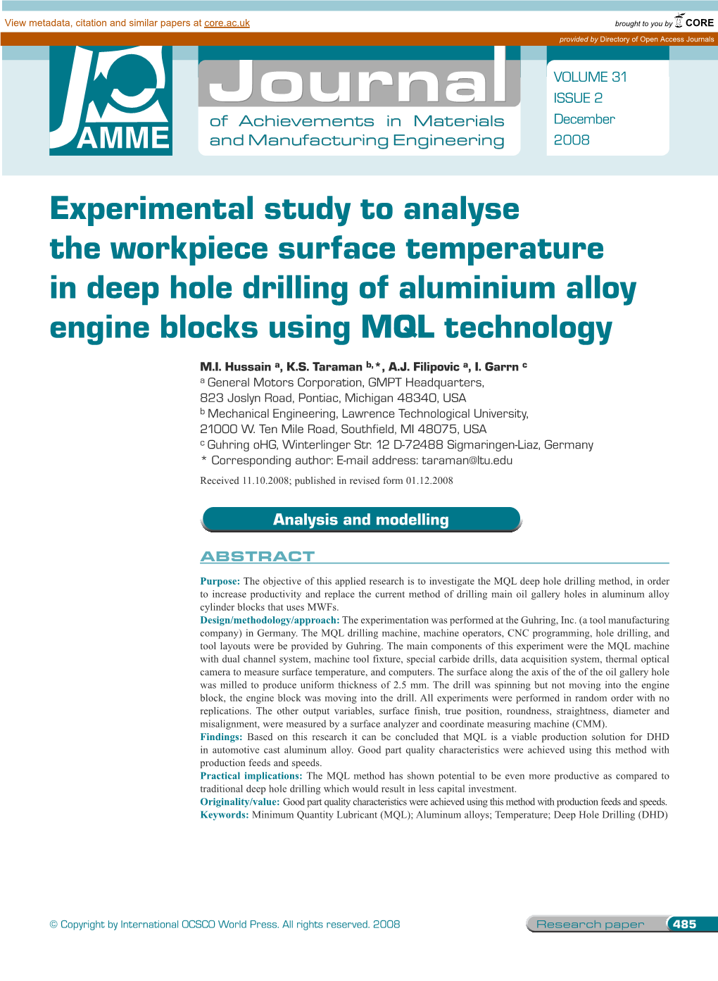 Experimental Study to Analyse the Workpiece Surface Temperature in Deep Hole Drilling of Aluminium Alloy Engine Blocks Using MQL Technology