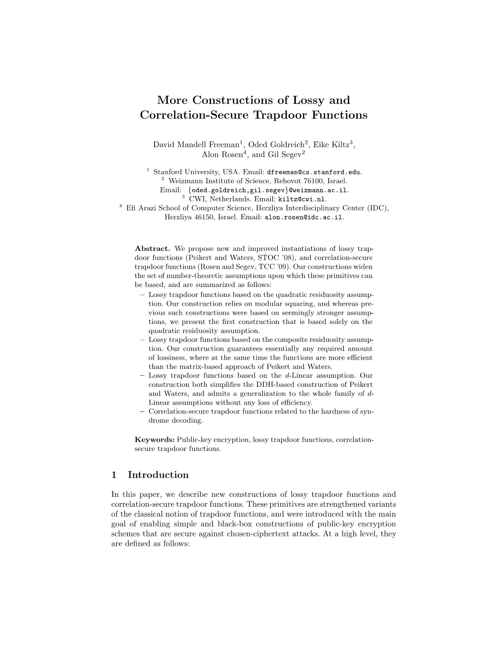 More Constructions of Lossy and Correlation-Secure Trapdoor Functions