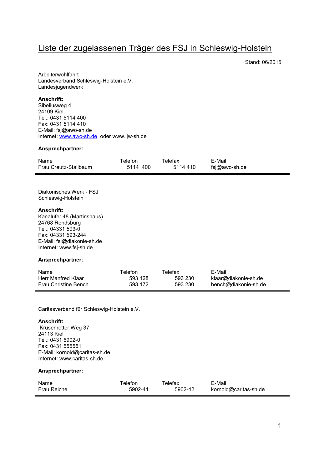 Liste Der Zugelassenen Träger Des FSJ in Schleswig-Holstein