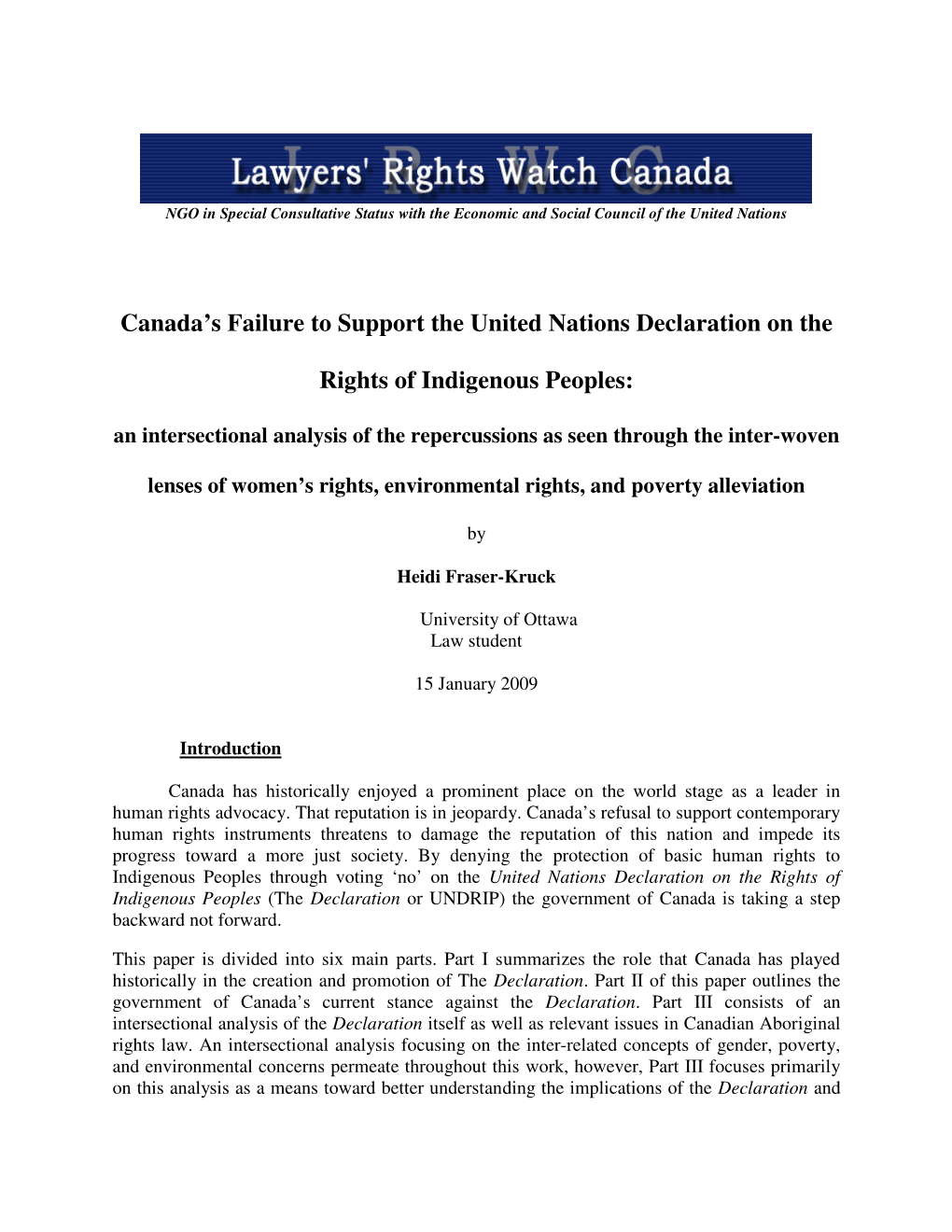 Canada's Failure to Support the United Nations Declaration on The