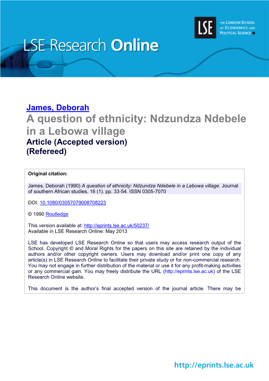 A Question of Ethnicity: Ndzundza Ndebele in a Lebowa Village Article (Accepted Version) (Refereed)