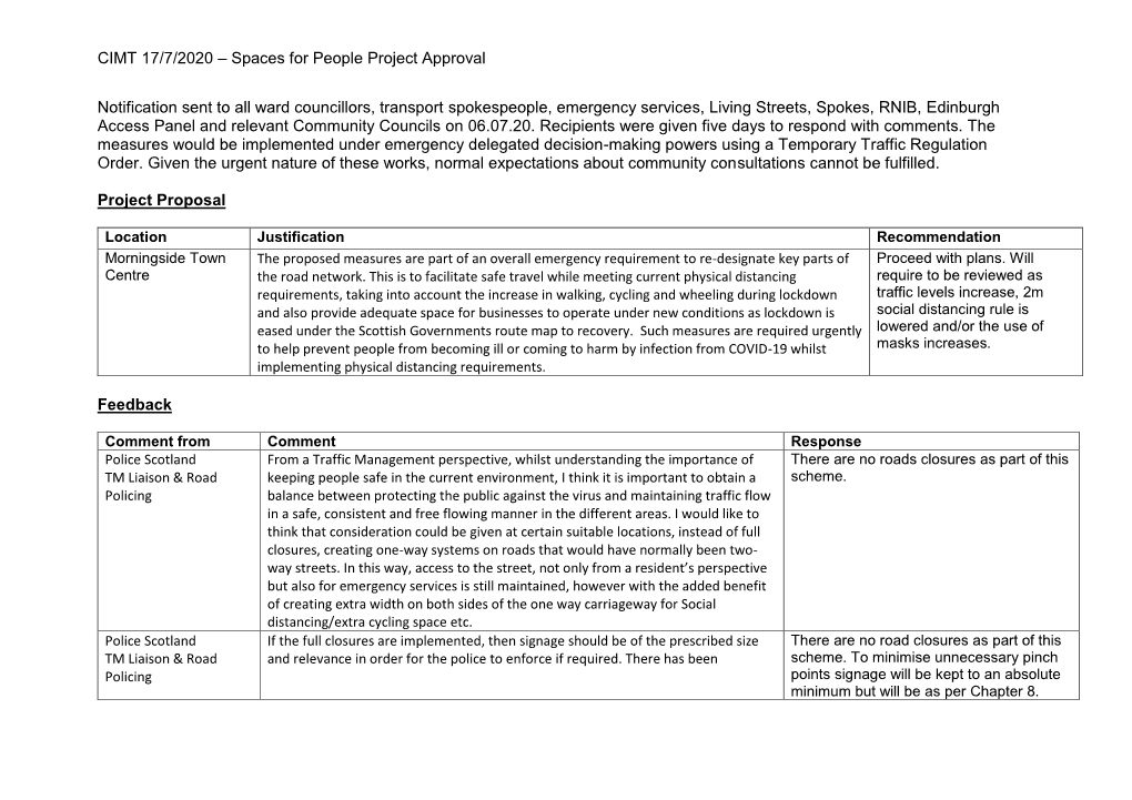 CIMT 17/7/2020 – Spaces for People Project Approval