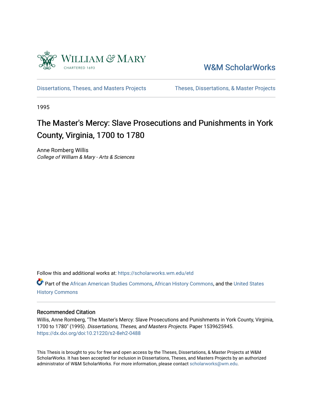 Slave Prosecutions and Punishments in York County, Virginia, 1700 to 1780