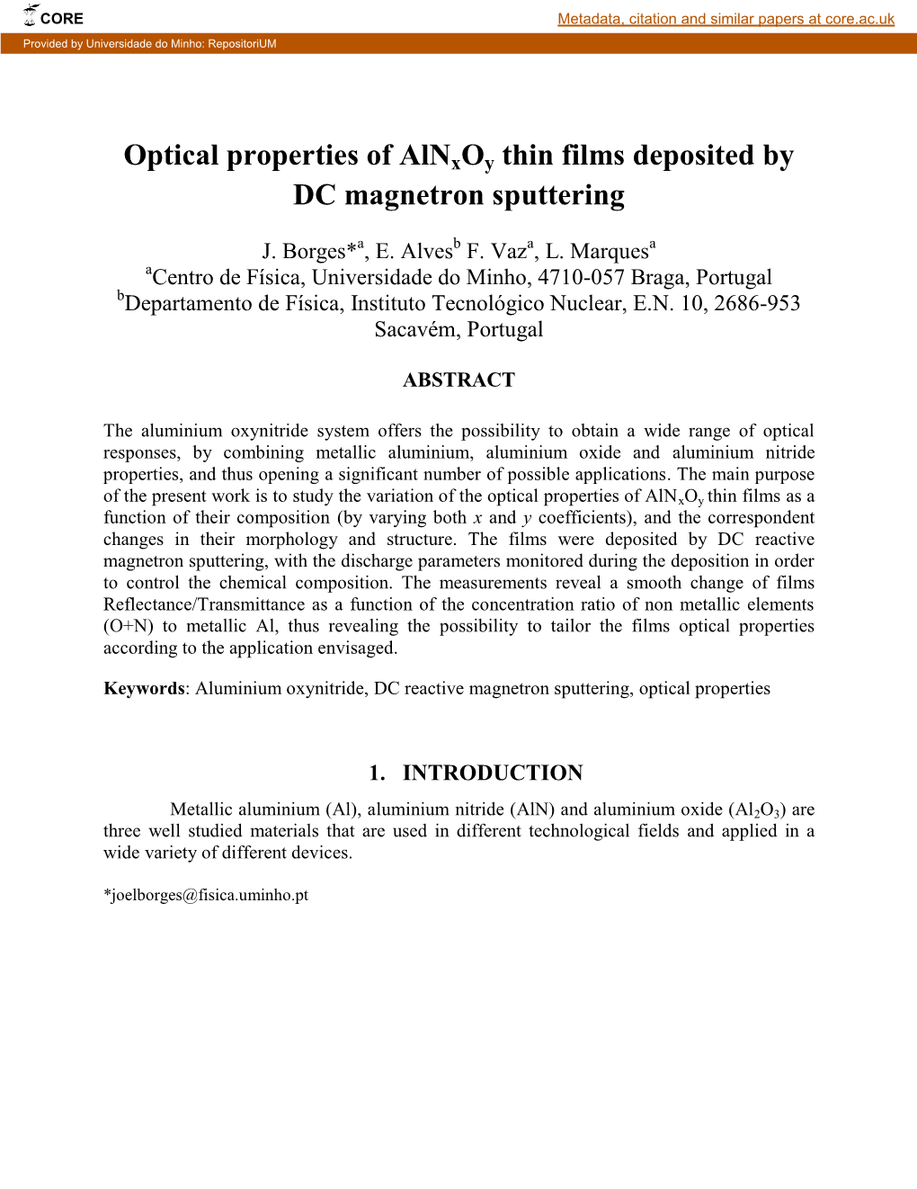 Optical Properties of Alnxoy Thin Films Deposited by DC Magnetron Sputtering