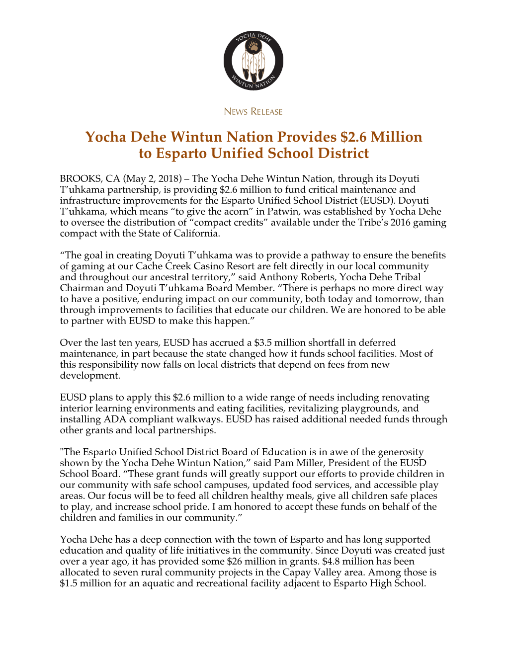 Yocha Dehe Wintun Nation Provides $2.6 Million to Esparto Unified School District