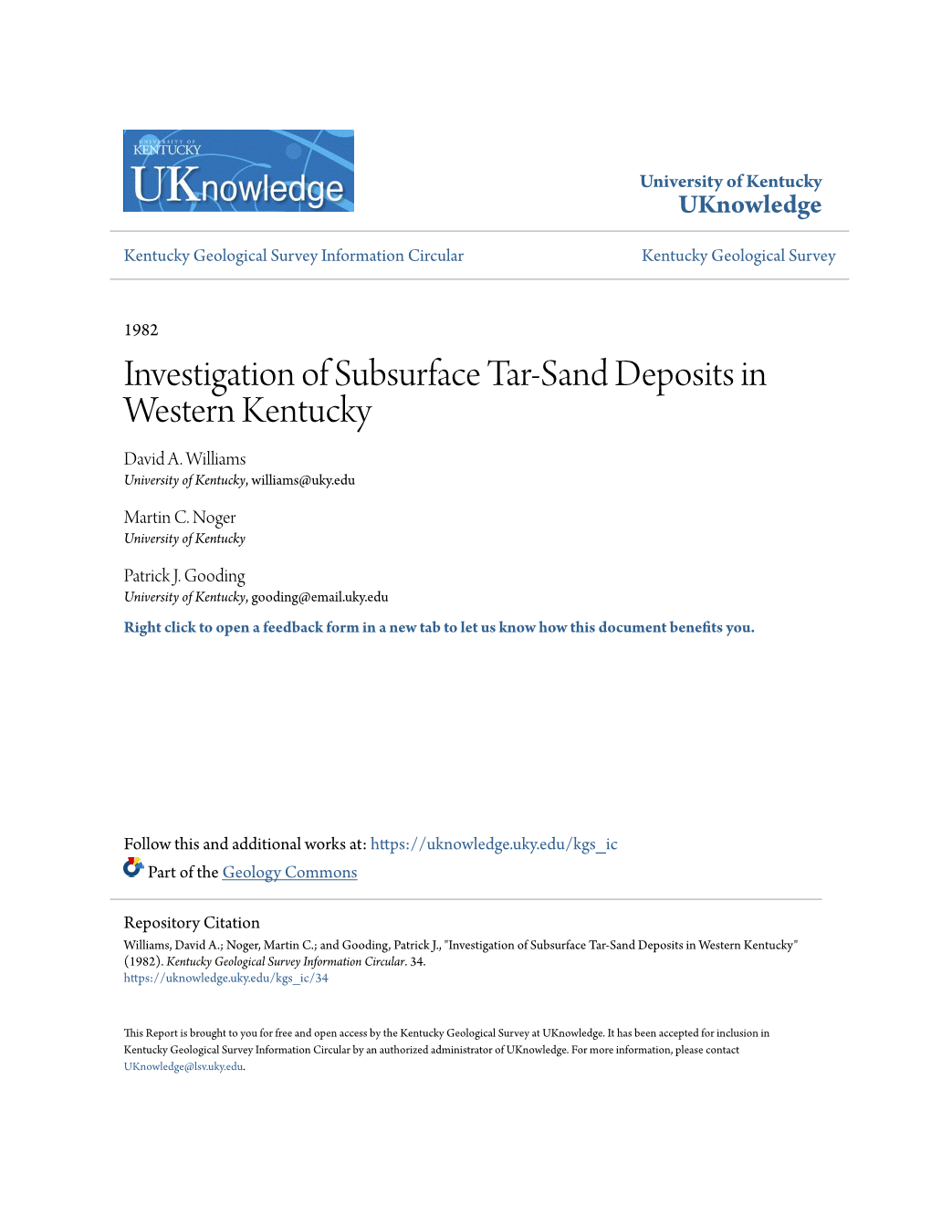 Investigation of Subsurface Tar-Sand Deposits in Western Kentucky David A